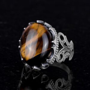 925 Ayar Katı Gümüş Erkek Yüzük - Doğal Taş Seçenekleriyle (Kaplan Gözü) - Görsel 5