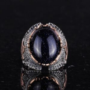 925 Ayar Gümüş Erkek Yüzük, Mavi Güneş Taşı Yapay Taş Yüzük - Görsel 2