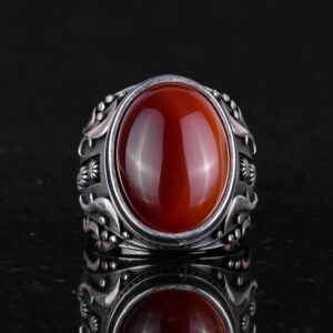 El Yapımı Gerçek Doğal Kırmızı Akik Taş Yüzük, 925 Ayar Gümüş Yüzük Erkekler İçin, Tasarım Gümüş Erkek Yüzüğü - Görsel 4
