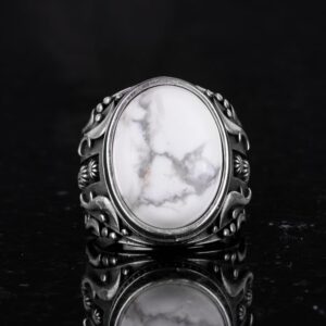 Doğal Howlite Taşlı Gümüş Yüzük, 925 Ayar Katı Gümüş Erkek Yüzüğü, Tasarım Gümüş Erkek Yüzüğü - Görsel 4