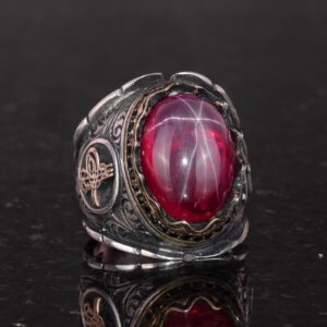 925 Ayar Gümüş Erkek Yüzük, El Yapımı Doğal Star Ruby Taşlı Yüzük, Osmanlı Tuğra Gümüş Yüzük - Görsel 3