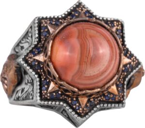 Sterling Gümüş Akik Taş Yüzük, Doğal Kırmızı Akik Erkek Yüzüğü, Vintage Yıldız Tasarımı - Görsel 1