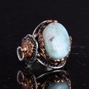 El Yapımı Aslan Sembolü Yüzük, Larimar Taşı Yüzük - Sakin 925K Katı Gümüş Erkek Yüzüğü - Görsel 6