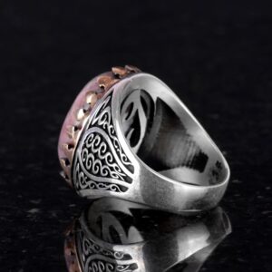 925 Ayar Katı Gümüş Erkek Yüzük Doğal Taşlarla - El Yapımı Şıklık (Rhodonit Taşı) - Görsel 5
