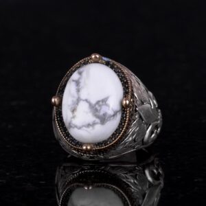 925 Ayar Gümüş El Yapımı Erkek Yüzük - Farklı Doğal Taşlarla Mevcut (Howlite) - Görsel 3