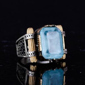 Açık Mavi Yapay Paraiba Taşı Yüzük - 925 Ayar Gümüş El Yapımı Yüzük - Erkek Takısı - Görsel 5