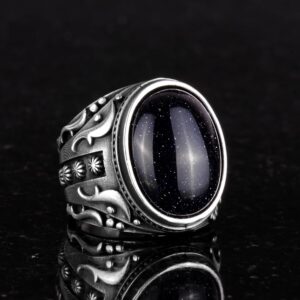 Yapay Taş Yüzük, 925 Ayar Gümüş Yüzük, Tasarım Gümüş Erkek Yüzüğü (Mavi Güneş Taşı Yapay Taş) - Görsel 4