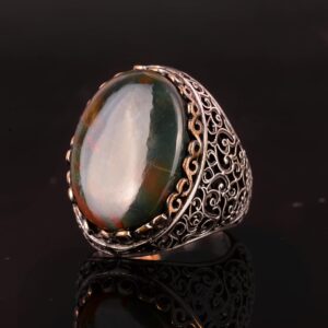 Gerçek Doğal Kan Taşı Yüzük, 925 Ayar Gümüş Erkek Yüzüğü, Bizans Tarzı Büyük Yüzük - Görsel 4