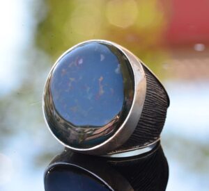 Gerçek Doğal Kan Taşı Yüzük, 925 Ayar Gümüş Erkek Büyük Yuvarlak Yüzük - Görsel 4