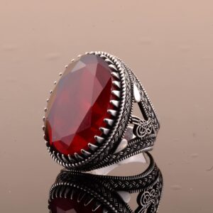 925 Ayar Gümüş Erkek Osmanlı Mühür Yüzük Yapay Granat Taşı ile - Görsel 3