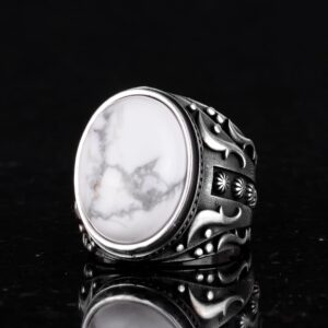 Doğal Howlite Taşlı Gümüş Yüzük, 925 Ayar Katı Gümüş Erkek Yüzüğü, Tasarım Gümüş Erkek Yüzüğü - Görsel 6