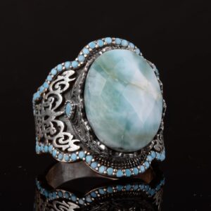 El Yapımı 925 Ayar Gümüş Erkek Yüzük - Doğal Taşlı Tasarım (Larimar) - Görsel 5