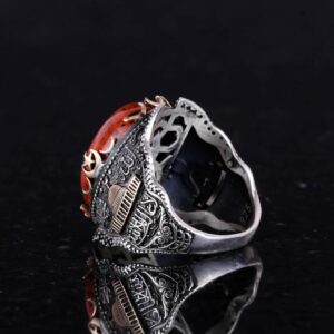 Doğal Kırmızı Kan Taşı Taşlı Gümüş Yüzük, 925 Ayar Sert Gümüş Yüzük Erkekler İçin, Farklı Yüzük - Görsel 6