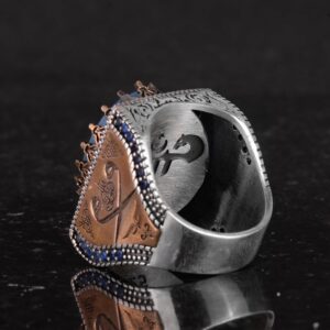 925 Ayar Gümüş İslami Yüzük, Yapay Taş Yüzük, El Yapımı Hat Yazısı Yüzük (Yapay Açık Mavi Paraiba) - Görsel 7