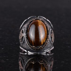 El Yapımı Cabochon Kaplan Gözlü Taş Yüzük, 925K Katı Gümüş Erkek Yüzüğü, Cesur Tasarım, Osmanlı Tuğra Yüzüğü - Görsel 6