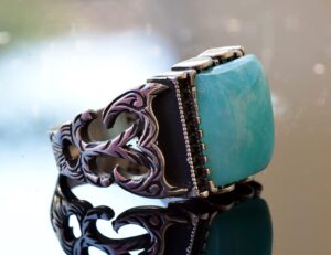 Gerçek Amazonit Dikdörtgen Taş Erkek Yüzük, 925 Ayar Gümüş - Görsel 4