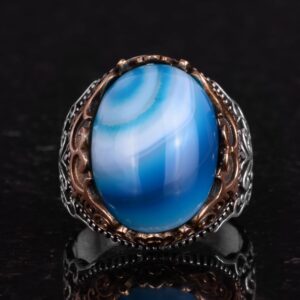 Gerçek Doğal Taş El Yapımı Yüzük - 925 Ayar Gümüş El Yapımı Yüzük - Şık Farklı Yüzük (Mavi Akik) - Görsel 4