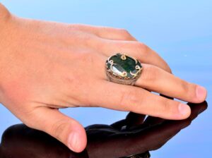 925 Ayar Gümüş Erkek Yüzük - Etnik Tasarım - Gerçek Zümrüt Doğal Taş Yüzük - Görsel 6