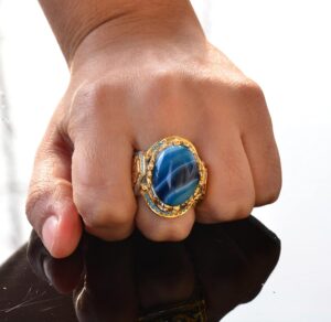 Gerçek Doğal Taş Yüzük, 925 Ayar Gümüş Kral - Altın Kaplama (Mavi Akik) - Görsel 7