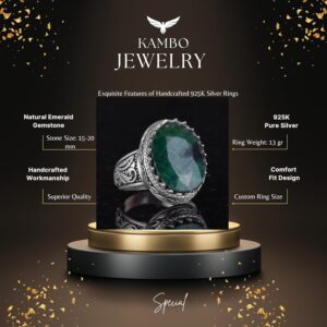 Doğal Taş Yüzük - 925 Ayar Gümüş Yüzük, Erkekler İçin (Zümrüt Taşı) - Görsel 5