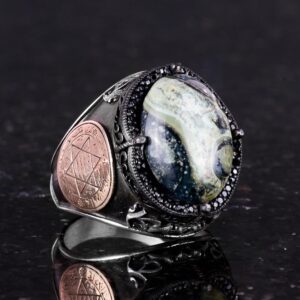 David Yıldızı Yüzüğü, Yeşil Göz Taşlı Yüzük - Canlı 925 Ayar Sert Gümüş Erkek Yüzüğü - Görsel 5