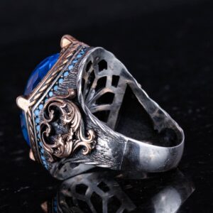 925 Ayar Gümüş Erkek Yüzük, Yapay Akuamarin Taşı, El Yapımı Vintage Tasarım İfadesi Yüzük - Görsel 7