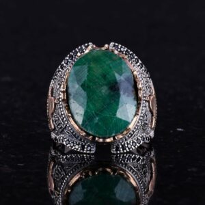 İslami Gümüş Yüzük, Doğal Zümrüt Taşlı Yüzük, 925 Ayar Tam Gümüş Erkek Yüzüğü - Görsel 5