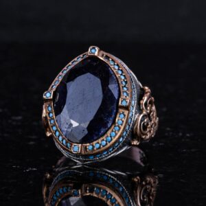 925 Ayar Gümüş Yüzük, Doğal Safir Taşı ile, El Yapımı Vintage Tasarım, Erkek İfadesi Yüzüğü - Görsel 6