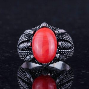 Gerçek Doğal Kırmızı Mercan Taşı ile Yapılmış Gümüş Pençe Yüzük - Görsel 4