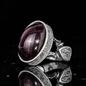 Erkekler için 925 Ayar Gümüş Yüzük - Doğal Yıldız Granat Taşı ile İslami Tasarım ve Tanrı Motifi - Görsel 5