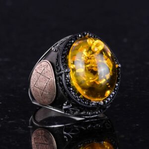 David Yıldızı Yüzüğü, Yapay Taş Yüzük, 925 Ayar Gümüş Süleyman Yüzüğü (Bal Amber Yapay) - Görsel 5