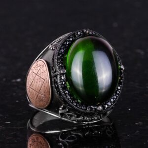 David Yıldızı Yüzük, Yapay Taş Yüzük, 925 Ayar Gümüş Süleyman Yüzüğü (Cabochon Zümrüt Yapay Taş) - Görsel 5