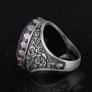 Gerçek Doğal Taş Yüzük - Gül Desenli Yüzük - 925 Ayar Gümüş Yüzük - El Yapımı Büyük Yüzük (Ametist) - Görsel 7