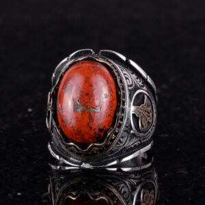 Osmanlı Tuğrası Gümüş Yüzük, 925 Ayar Saf Gümüş Yüzük, El Yapımı Doğal Kırmızı Kan Taşı Yüzük - Görsel 5