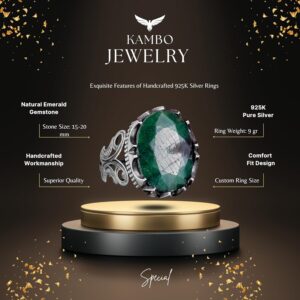 925 Ayar Katı Gümüş Erkek Yüzük, Doğal Taş Seçeneği - El Yapımı Tasarım (Zümrüt) - Görsel 2