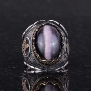 925 Ayar Katı Gümüş Erkek Yüzük, Ametist Kedi Gözü Doğal Taş Yüzük, Osmanlı Tuğra Yüzüğü, El Yapımı Zarafet - Görsel 3