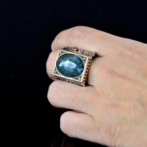 Erkekler için Katı 925 Ayar Gümüş Yüzük, Gerçek Doğal Yosunlu Akik Taşı Yüzük, Vintage Tasarım - Görsel 6