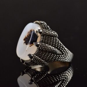 Sterling Gümüş Erkek Yüzük, Gerçek Yemen Ağaç Agat Taşı Yüzük, Kartal Pençesi Tasarımı - Görsel 7