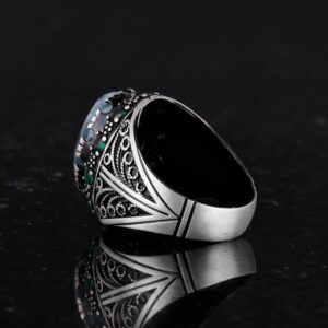 Gerçek Doğal Saman Agat Taş Yüzük - 925 Ayar Gümüş Erkek Takısı - El Yapımı Yüzük - Görsel 7