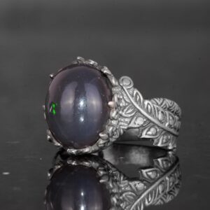 El Yapımı 925 Ayar Gümüş Erkek Yüzük ile Doğal Opal Taşı - Yaprak Desenli İfade Yüzüğü - Görsel 5