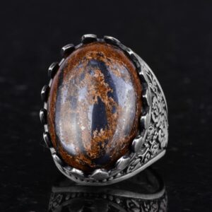 Gerçek Doğal Taş Yüzük - Gül Desenli Yüzük - 925 Ayar Gümüş Yüzük - El Yapımı Büyük Yüzük (Bronzit) - Görsel 6