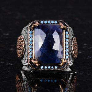 Doğal Safir Taşlı Yüzük, Dikdörtgen Tasarım - 925 Ayar Gümüş Erkek Yüzüğü, El Yapımı Şıklık - Görsel 4