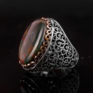 Gerçek Doğal Kan Taşı Yüzük, 925 Ayar Gümüş Erkek Yüzüğü, Bizans Tarzı Büyük Yüzük - Görsel 5