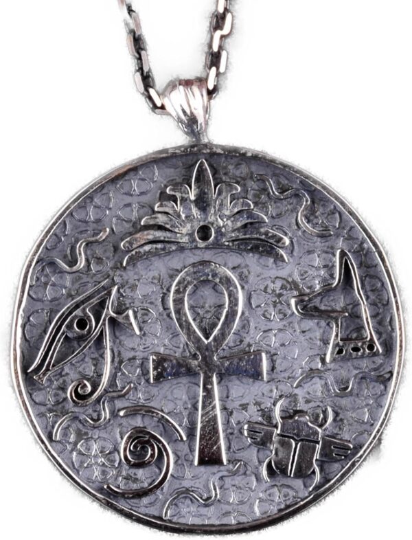 925 Ayar Gümüş Antik Mısır Sembollü Kolye Ucu - Ankh, Horus'un Gözü, Scarab ile El Yapımı