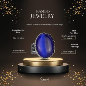 925 Ayar Gümüş Yüzük - Büyük Yüzük - Yapay Taşlı Gümüş Yüzük - El Yapımı Yüzük (Yapay Mavi Kedi Gözü) - Görsel 2