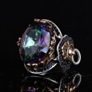 Mistik Topaz Yapay Taş Yüzük, Aslan Başı Erkek Yüzüğü, 925 Ayar Gümüş Yüzük, Tasarım Gümüş Erkek Yüzüğü - Görsel 5