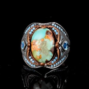 Ateş Mavisi Doğal Arizona Turkuaz Taş Yüzük, 925 Ayar Gümüş Yüzük Erkekler İçin - Görsel 4