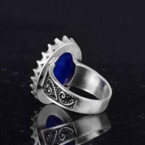 925 Ayar Gümüş Yüzük - Büyük Yüzük - Yapay Taşlı Gümüş Yüzük - El Yapımı Yüzük (Yapay Mavi Kedi Gözü) - Görsel 7