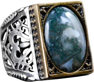 Gerçek Doğal Taş Yüzük, 925 Ayar Gümüş Yüzük (Yosunlu Akik) - Görsel 1