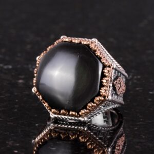 Gerçek Doğal Taş Yüzük - Sekizgen Tasarım - El Yapımı 925 Ayar Gümüş Takı (Obsidyen) - Görsel 6